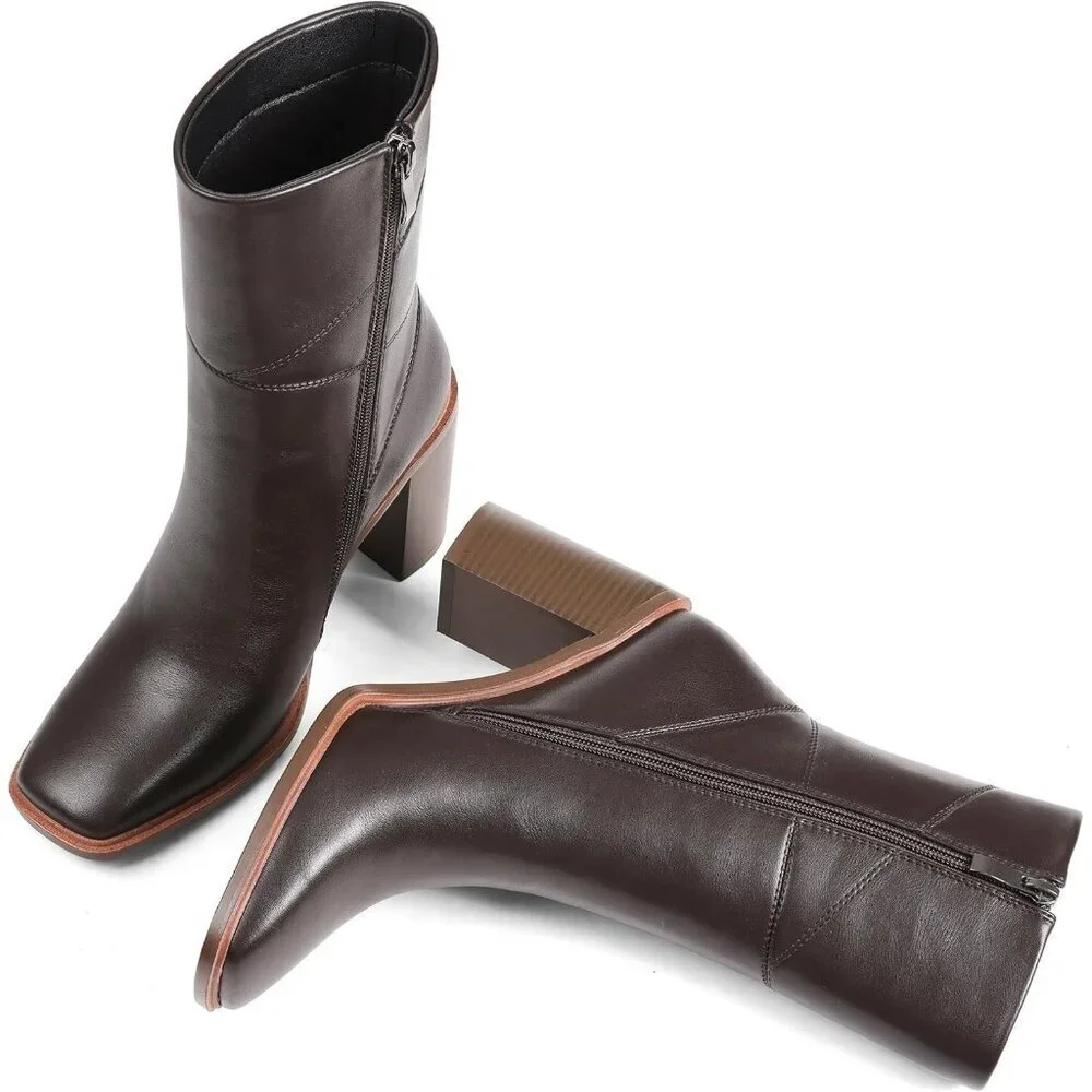 Women's Brown Ankle Boots Chunky Heel Square Toe Side Zipper Casual Booties